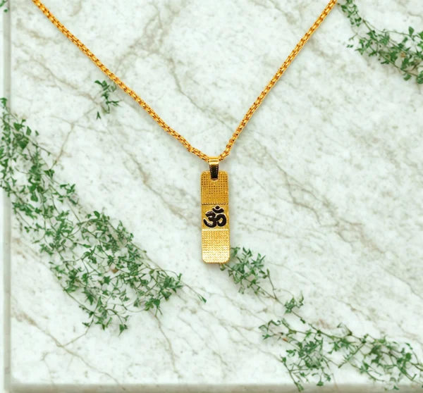 Spiritual Om Gold-Plated Pendant Necklace – Rectangular Designer Chain Pendant - Image 2