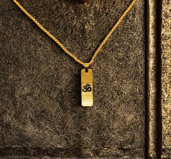 Spiritual Om Gold-Plated Pendant Necklace – Rectangular Designer Chain Pendant - Image 3