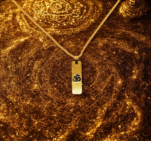 Spiritual Om Gold-Plated Pendant Necklace – Rectangular Designer Chain Pendant - Image 4